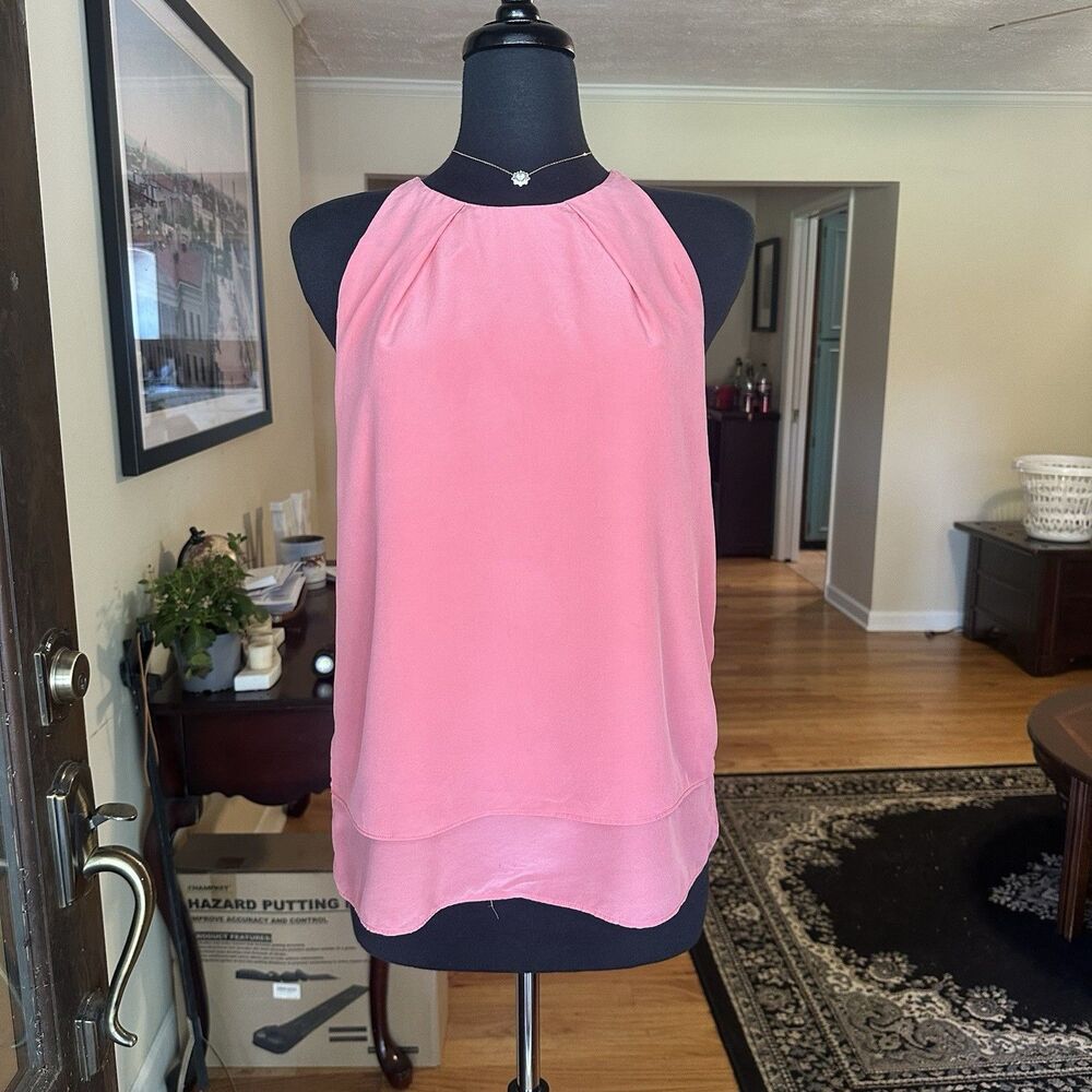 ANN TAYLOR 100% Pure Silk Halter Top Blouse Pink Pleated Sleeveless Lined Medium